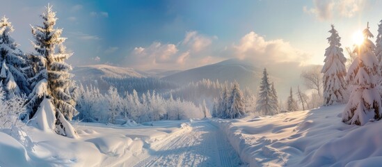 A winter scene featuring snow-covered trees and mountains in the Polish mountains. The landscape is...