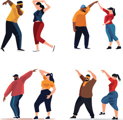 Diverse group people dancing modern styles, Casual dancers enjoying music movement. Urban dance diversity youth culture vector illustration