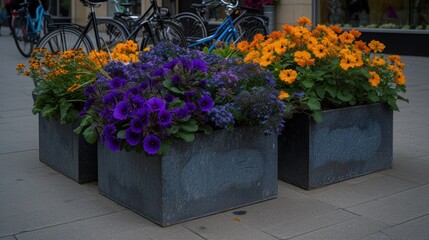 a couple of planters filled with purple and orange flowers next to a bike parked in front of a building.