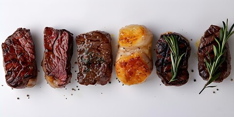 Variety of Steak Cooked to Different Degrees on a White Background. Concept Food Photography, Different Steak Degrees, Culinary Art, Steak Doneness Levels, White Background - obrazy, fototapety, plakaty