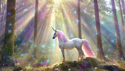 Licorne dans une forêt, avec des rayons de lumière du soleil à travers les arbres, univers coloré aux couleurs de princesses.  - obrazy, fototapety, plakaty