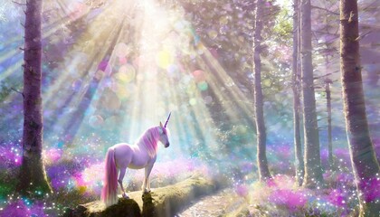 Licorne dans une forêt, avec des rayons de lumière du soleil à travers les arbres, univers coloré aux couleurs de princesses.  - obrazy, fototapety, plakaty