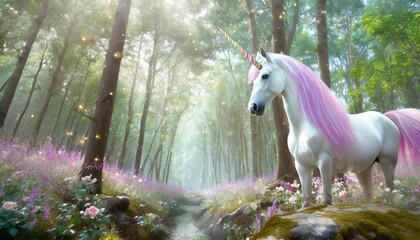 Obraz na płótnie Canvas Licorne dans une forêt, avec des rayons de lumière du soleil à travers les arbres, univers coloré aux couleurs de princesses. 
