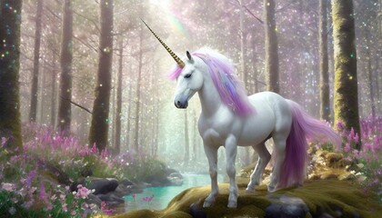 Licorne dans une forêt, avec des rayons de lumière du soleil à travers les arbres, univers coloré aux couleurs de princesses. 