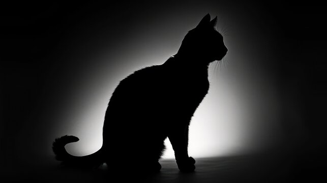 a black and white photo of a cat sitting in the shadows of a light shining on it's back.