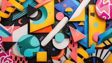 dynamic and colorful composition of various geometric shapes
