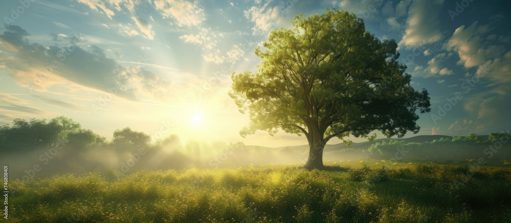 Poster a tree stands in a vast field as the sun peeks through the clouds, casting a warm glow on the landsc