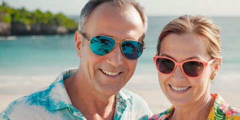  A radiant couple, celebrating over 50 years of love, joyfully bask in the tropical sun. Their...