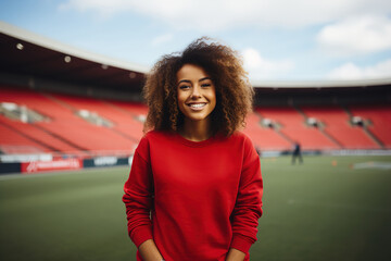 ?appy young African American woman volunteer wearing red sweatshirt on empty stadium