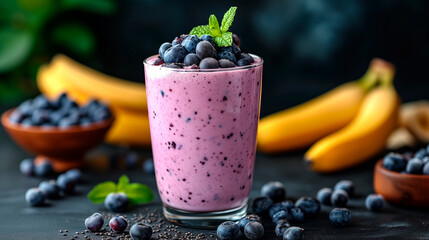 Sweet smoothie or milkshake with banana and blueberries. Purple colorful fruit juice milkshake. Diet smoothie with yogurt or milk, healthy eating, .