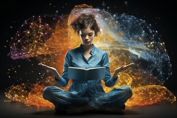 Serenity in motion. yoga girl engrossed in levitating book 