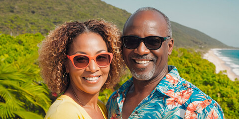 An African couple, over 50 years old, radiate joy and love on a tropical beach. Their vibrant...