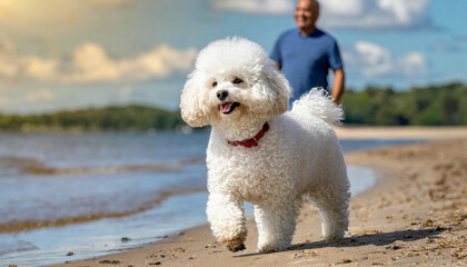 Bichon frise dog walking on a sandy beach. AI