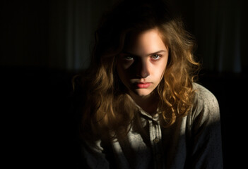 Dramatic portrait of young woman, stark contrast in lighting creates mood of introspection internal conflict., complexity of emotion. Search for Identity or understanding oneself, mental health issues