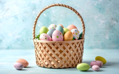 basket with easter eggs inside, pastel color background., easter concept