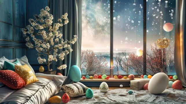 bedroom easter decoration various color of egg white tree decoration with messy sofa view to the window night sky full of star animater lofi loop