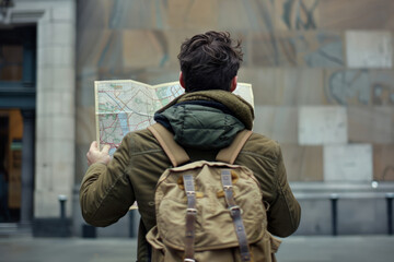 Man with backpack looking at a map while touring a foreign city. Generative AI