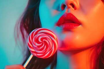 A striking image of a woman's red lips and a swirled red and white lollipop against a teal backdrop.