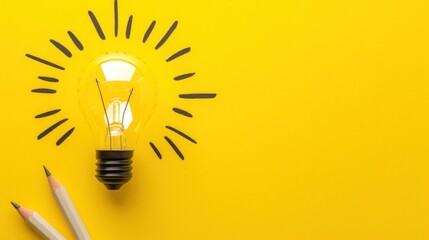 a light bulb sitting on top of a yellow wall next to two pencils and a light bulb on top of a yellow wall.