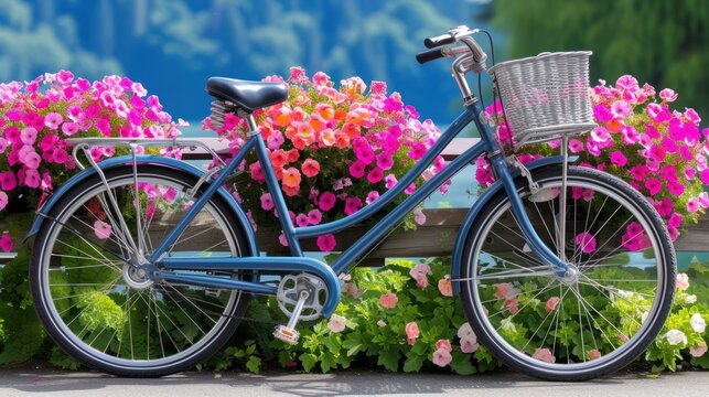 a blue bicycle parked next to a wooden bench with flowers in the back and a basket on the front of the bike.