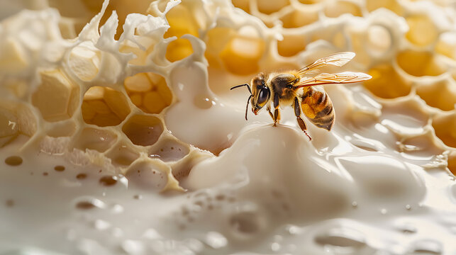 Close-up of a bee sitting on a honeycomb floating in milk. Breakfast cereal banner. Honeycomb in milk.