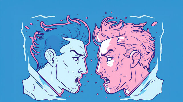 Illustraition of wo individuals, pink, blue, with expressions of anger and hostility on blue background. Moment of profound disagreement and confrontation, symbolizing stubbornness and inflexibility