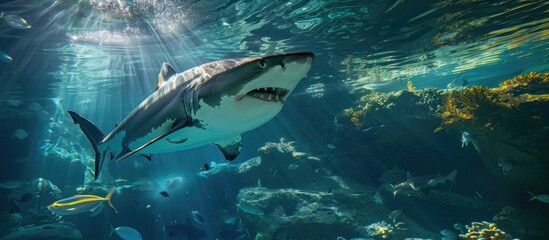 Fototapeta premium A great white shark, a predator of the sea, gracefully glides through the blue waters of the ocean in Florida. Its powerful body propels it forward as it searches for prey.