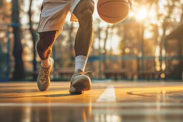 Naklejka premium Basketball player dribbling the ball on basketball court. Generative AI
