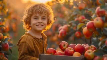 Fototapeta na wymiar Smiling little boy while picking apples from an apple tree in the morning. In the sunlight. Apple picking. Fruit picking.
