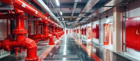 A long hallway is lined with red pipes and red cabinets. The industrial setting suggests a focus on safety and functionality in the installation of fire safety measures.