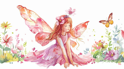 Fototapeta premium Fairy and Flowers watercolor isolated kids illustrat