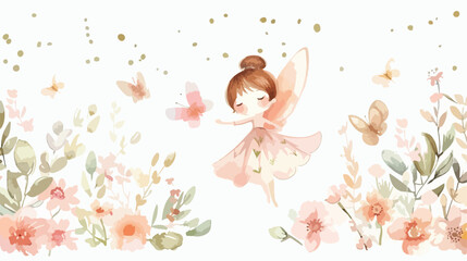 Fototapeta na wymiar Fairy and Flowers watercolor isolated kids illustrat