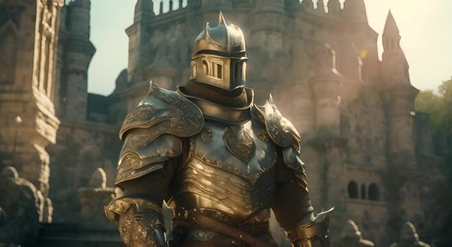 Knight in medieval armor standing in front of the castle.