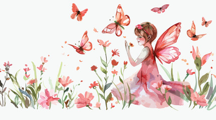 Fairy and Flowers watercolor isolated kids illustrat