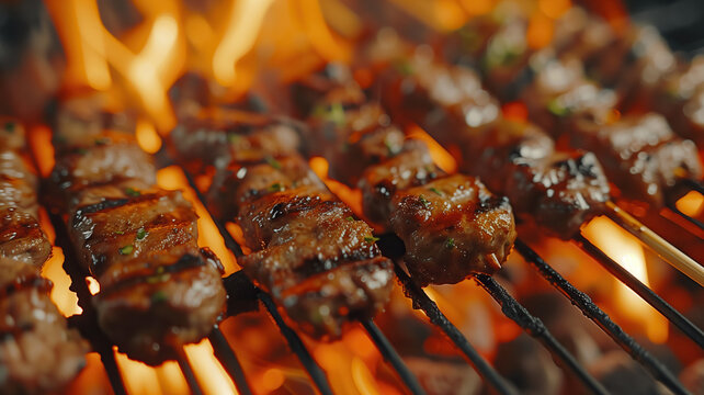 Skewers cooking over flaming greel