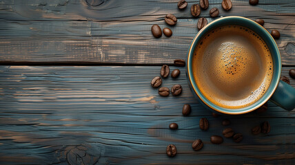 Top view of a cup of coffee with some coffee beens on a wooden table