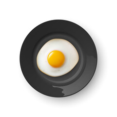 Vector 3d Realistic Fried Egg on a Black Dish Plate Closeup Isolated in Top View. Design Template of Scrambled Eggs, Fried Egg, Omelette. Delicious Breakfast, Food, Culinary Concept