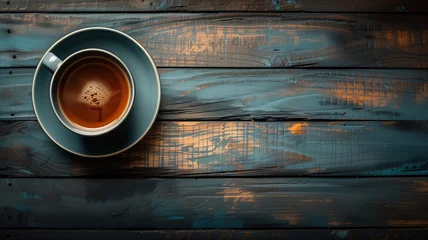 Tuinposter Top view of a cup of coffee on a wooden table © daniy