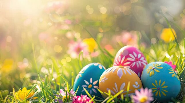 easter egg painted in flower pattern with various color and located in grass flower park with animated background and sun light Happy Easter Egg Hunt