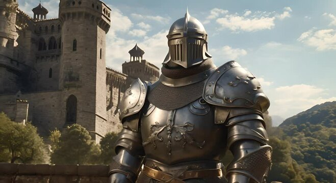 Knight in medieval armor standing in front of the castle.
