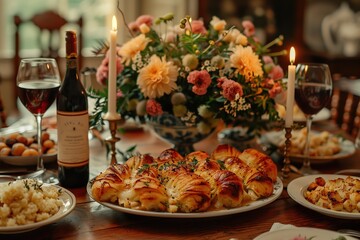 An intimate dinner experience is captured with a beautifully set table adorned with fresh flowers, a bottle of wine, and delicious food