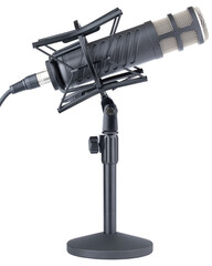 Microphone. Professional dynamic or condenser microphone. Radio broadcasting or podcast microphone with shock or anti vibration mount on stand. Mic without windshield. Recording voice, music or song