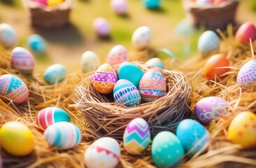 Fototapeta na wymiar Colorful easter eggs in nest on straw background, closeup.