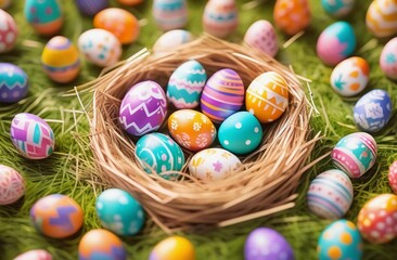 Fototapeta na wymiar Colorful easter eggs in nest on straw background, closeup.