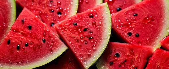Fresh sweet red watermelon slices, with water drops over it, closeup macro detail. Generative AI