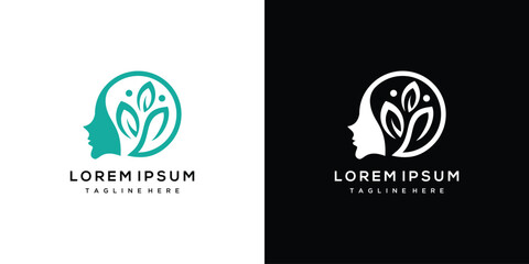 Woman logovector. Circle shaped woman and leaf logo design