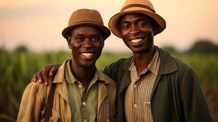 Couple of two young Haitians hugging in open field looking at camera and smiling