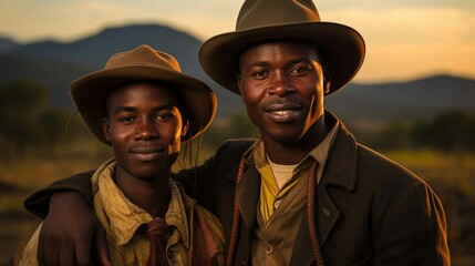Fototapeta premium Young Haitian couple looking at camera with hat and work