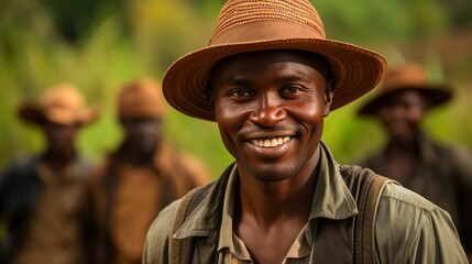 Young Haitian-born farm worker wearing hat looking at camera and smiling
