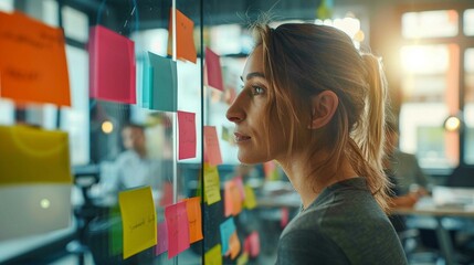 Female writing new ideas on sticky note